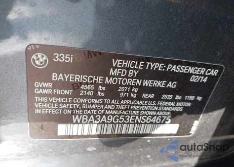 2014 BMW 335I from USA, damaged, VIN WBA3A9G53ENS64675